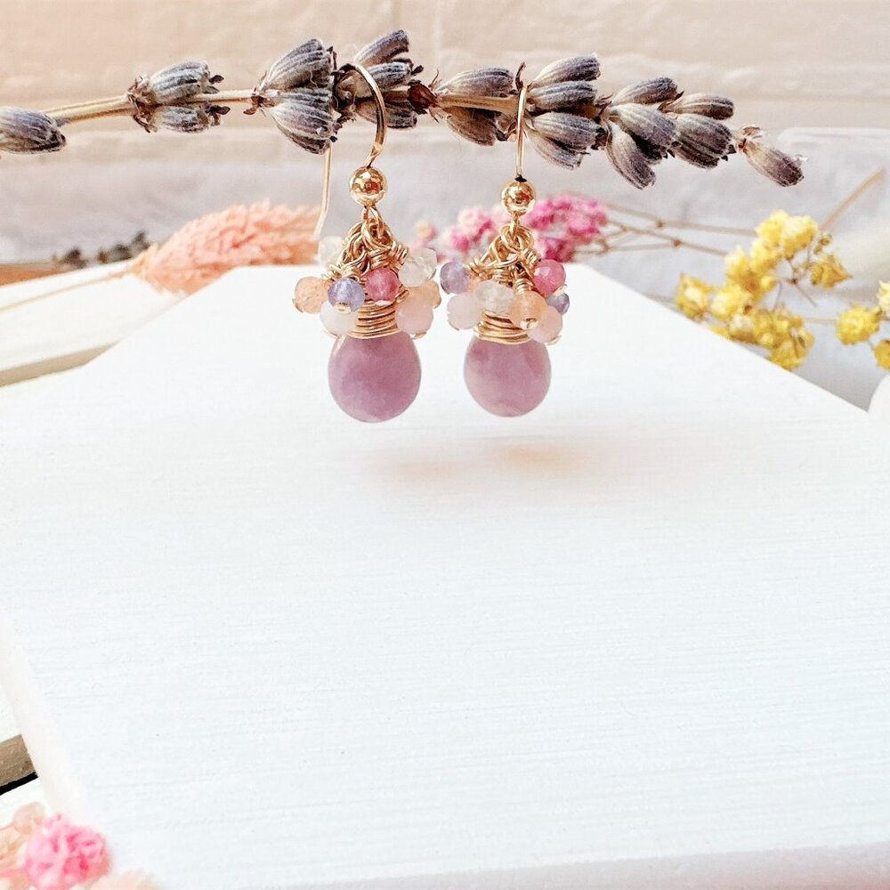 14k Gold-Filled Lepidolite and Mini Gemstone Cluster Earrings | Handmade in BC